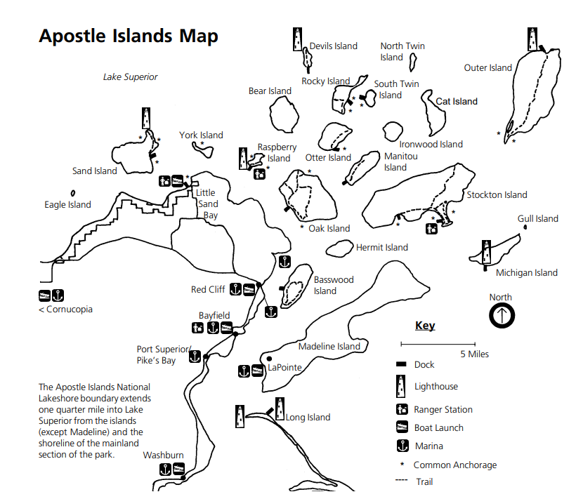 A basic black and white map of the 22 Apostle Islands with names, lighthouse stations, ranger stations, docks, and marinas.