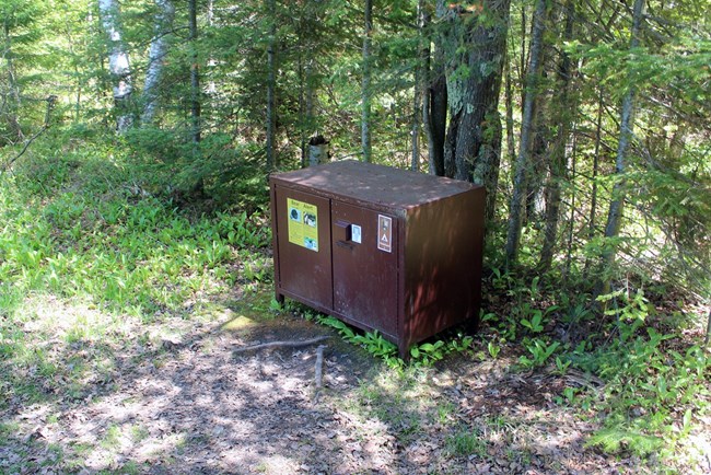 Photograph of brown metal bear box with trees in the background.