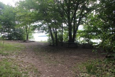 Open grassy camp area surrounded by trees.