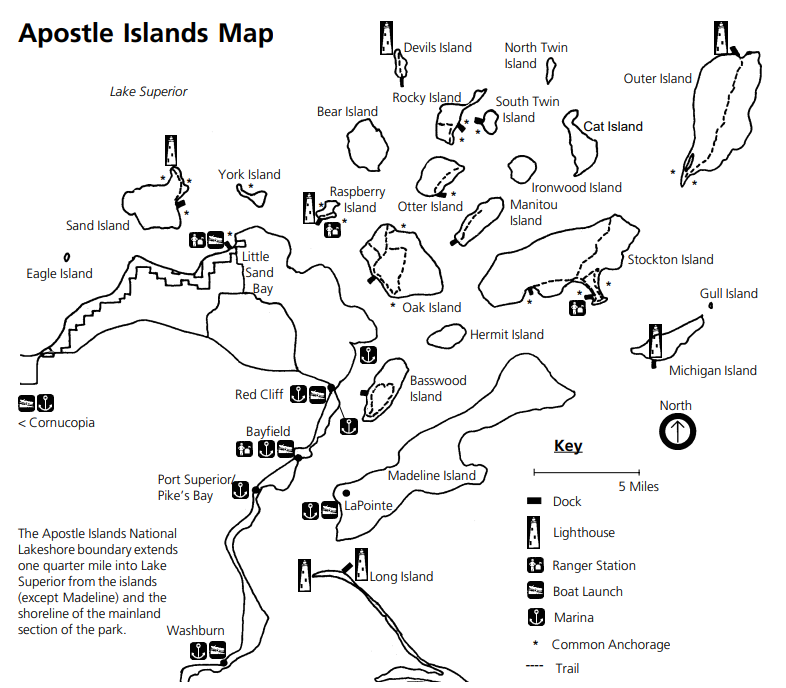 A map of Apostle Islands National Lakeshore including docks, lighthouses, anchorages, marinas, and boat launches.