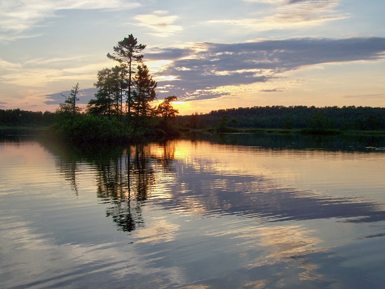 The reflection of trees on water at sunset.