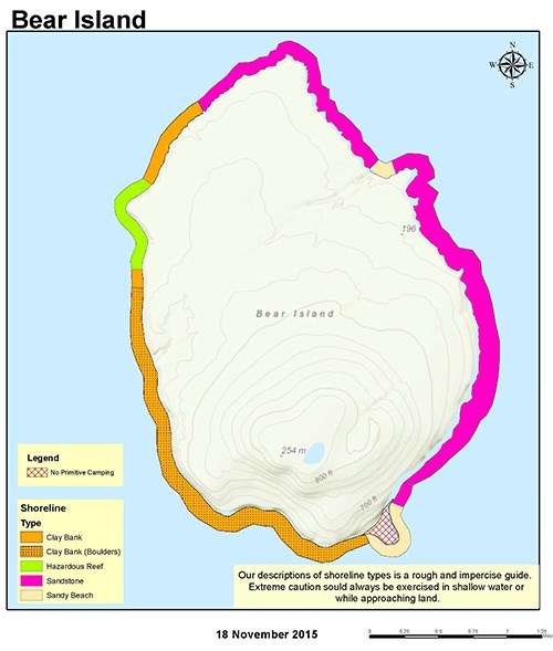 A map of Bear Island showing trails, shoreline, topography, and primitive camping zones.