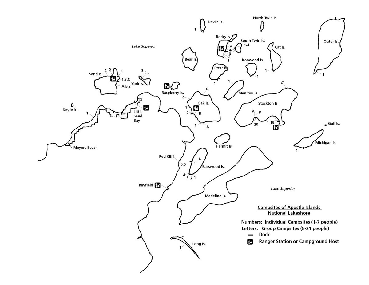 Map of campsite locations in Apostle Islands National Lakeshore.