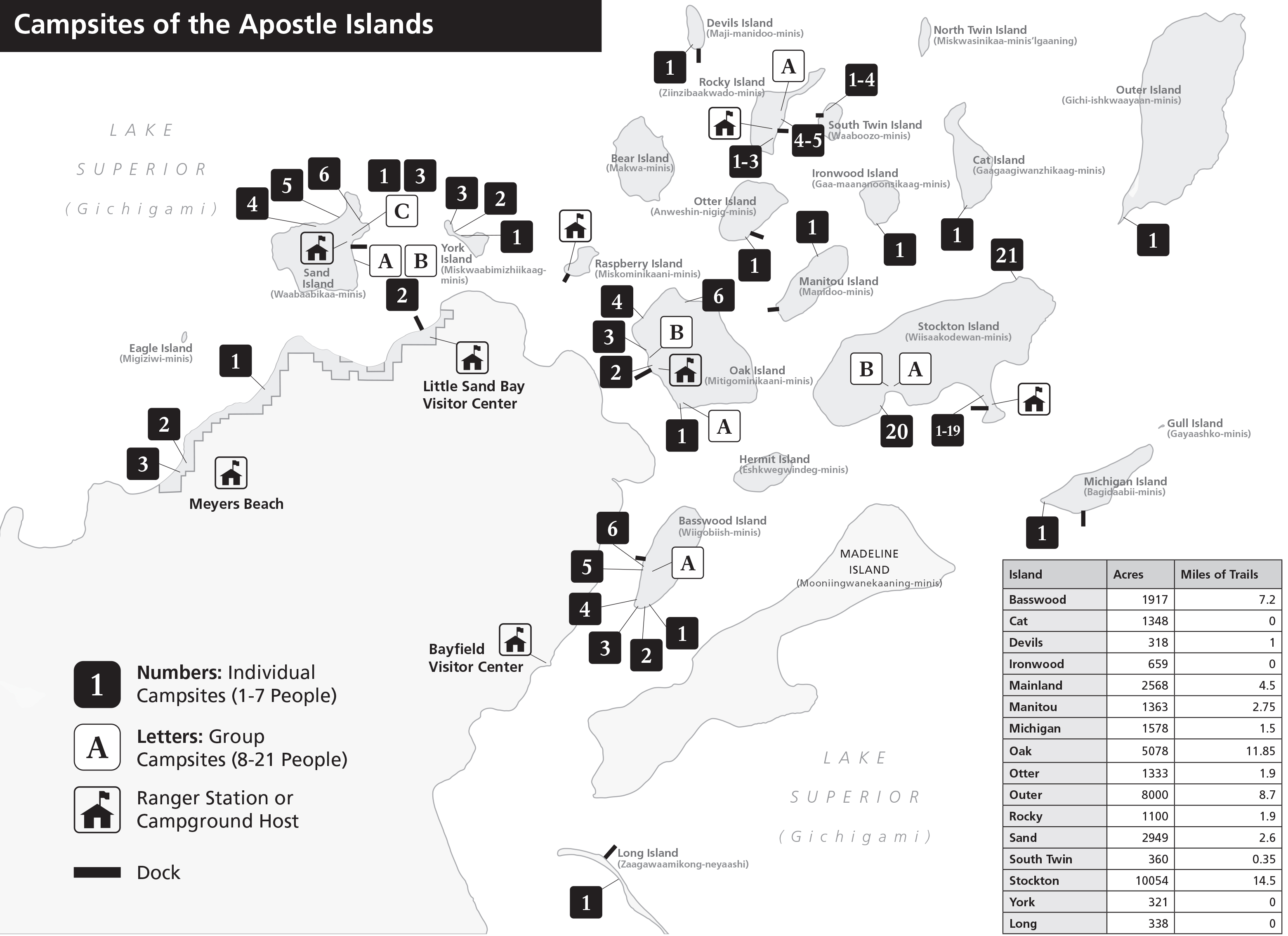 Map of campsite locations in Apostle Islands National Lakeshore.