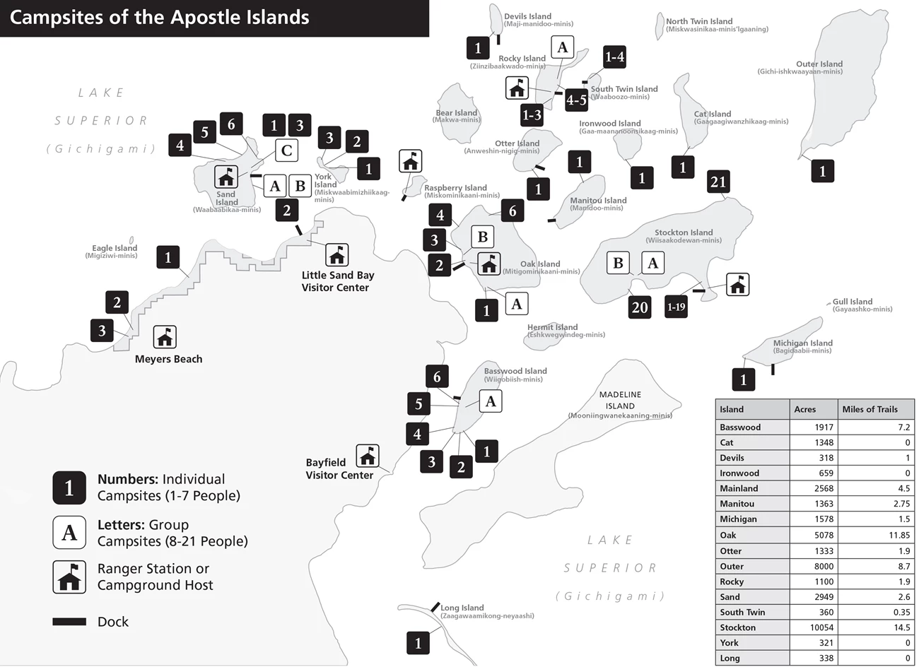 Apostle Islands Campsite Map Map of campsite locations in Apostle Islands National Lakeshore.