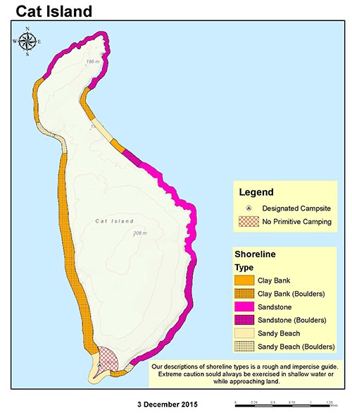 A map of Cat Island showing trails, shoreline, topography, and primitive camping zones.