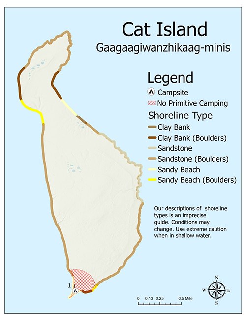 A map of Cat Island showing trails, shoreline, topography, and primitive camping zones.