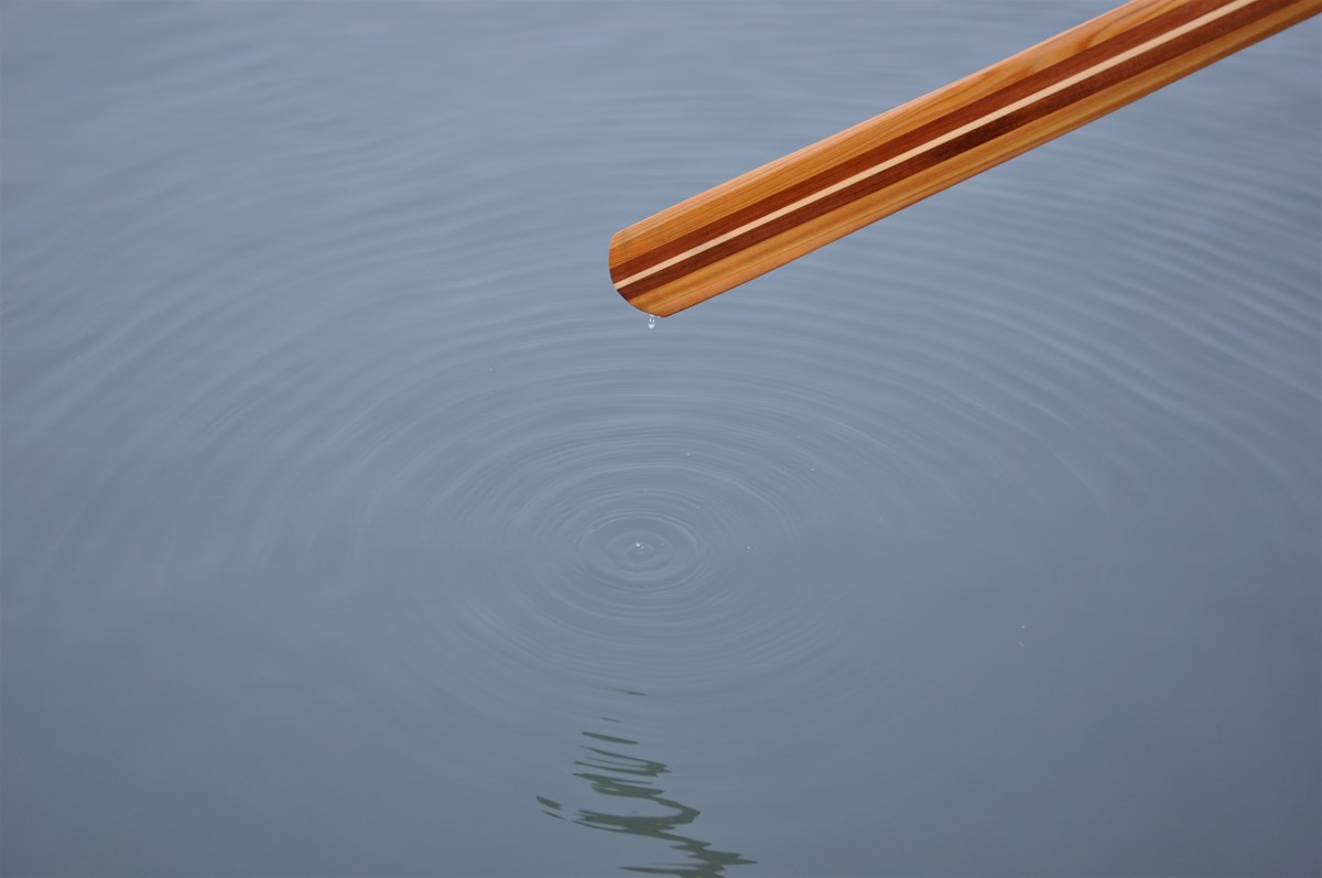 Kayak paddle drips on a calm water surface.
