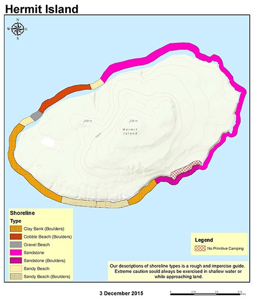 A map of Hermit Island showing trails, shoreline, topography, and primitive camping zones.