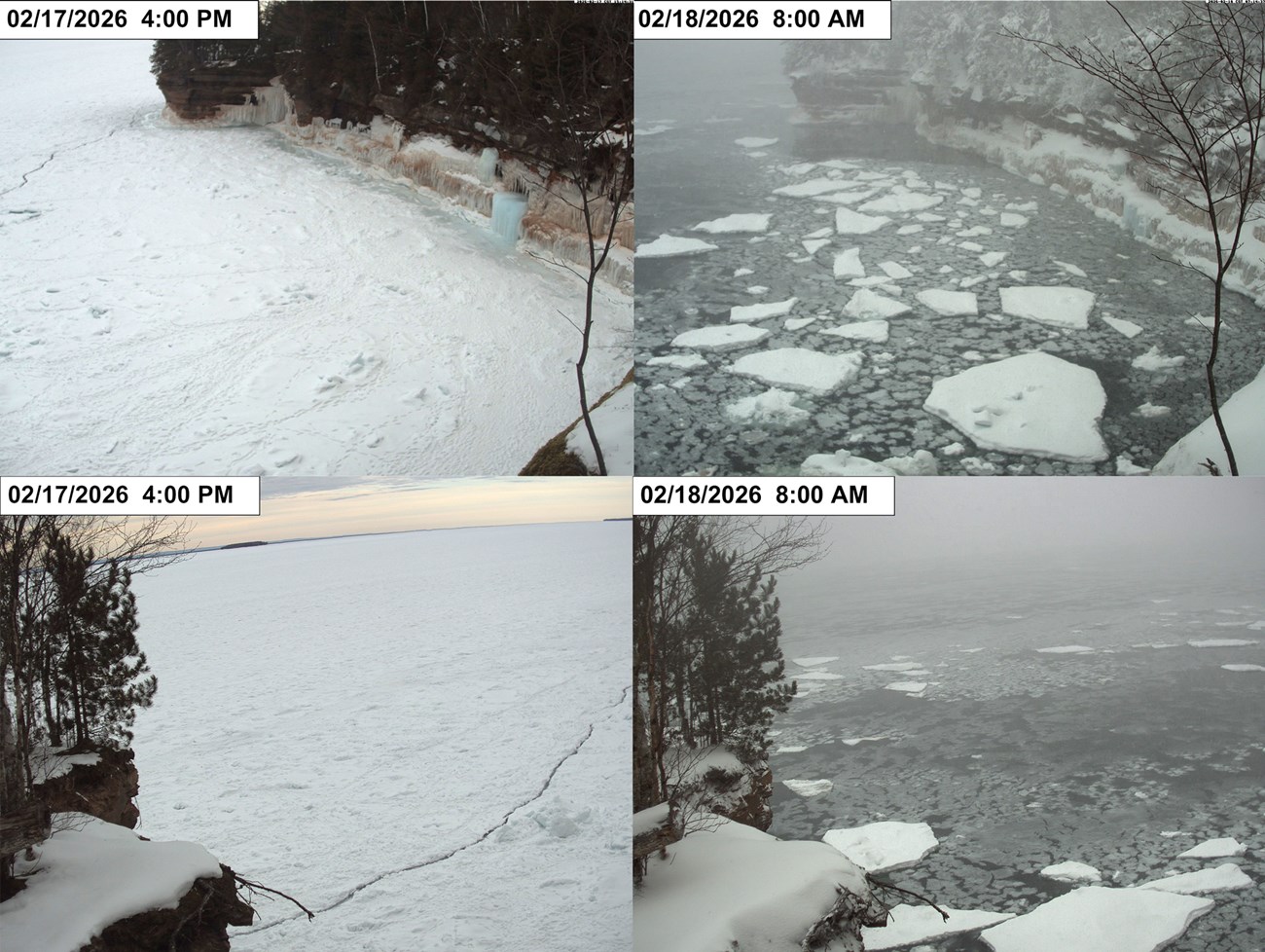 Webcam images of the ice caves location in the Apostle Islands showing sandstone cliffs and Lake Superior.