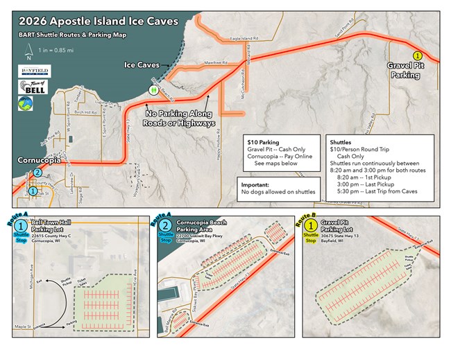 Map from Bayfield County showing park and shuttle locations near Meyers Beach.