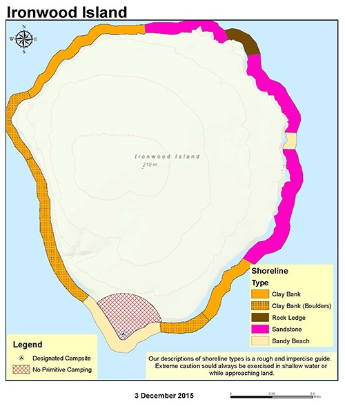 A map of Ironwood Island showing trails, shoreline, topography, and primitive camping zones.