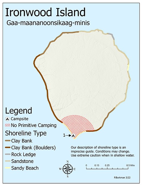 A map of Ironwood Island showing trails, shoreline, topography, and primitive camping zones.