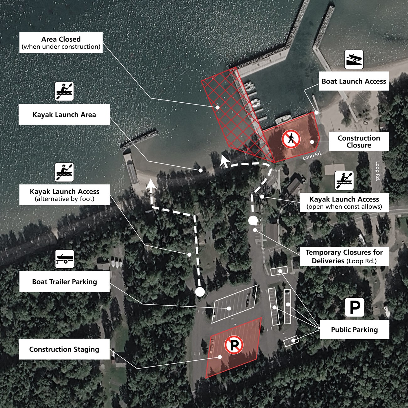 Aerial satellite image of Little Sand Bay with notes about closures and parking areas.