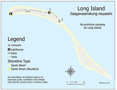 A map of the island showing trails, campsites, and shoreline features as described in the text.