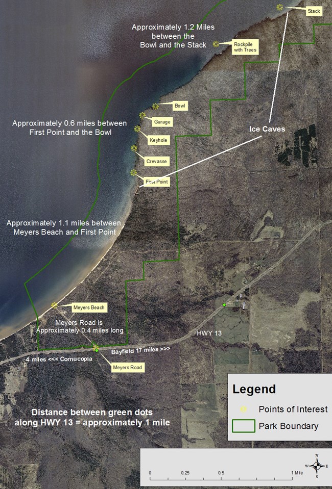 Map depicting the locations of cave features along the mainland sea caves, or ice caves, at Apostle Islands National Lakeshore