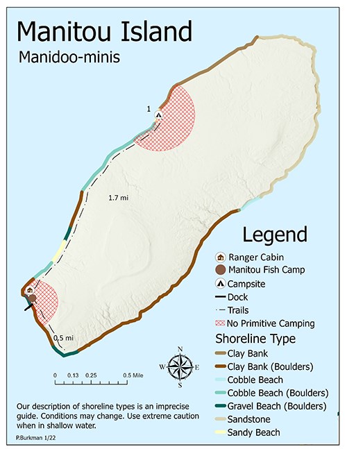 A map of Manitou Island showing trails, shoreline, topography, and primitive camping zones.