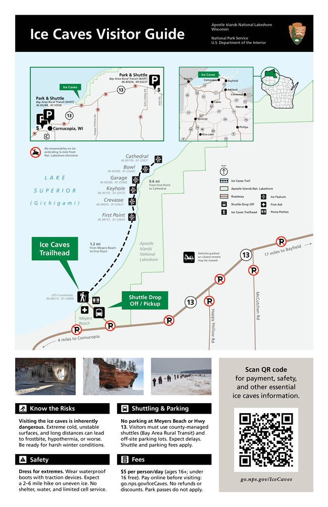 Flyer showing map and informational boxes about the Ice Caves in the Apostle Islands National Lakeshore.