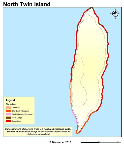 A map of North Twin Island showing trails, shoreline, topography, and primitive camping zones.
