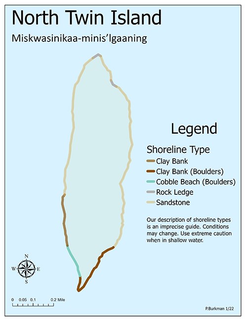 A map of North Twin Island showing trails, shoreline, topography, and primitive camping zones.