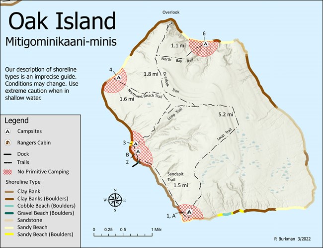 A map of Oak Island showing trails, shoreline, topography, and primitive camping zones.