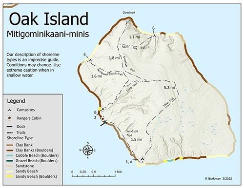 A map of Oak Island showing trails, shoreline, topography, and primitive camping zones.