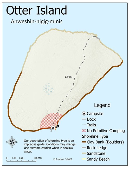 A map of Otter Island showing trails, shoreline, topography, and primitive camping zones.