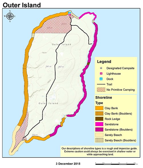 A map of Outer Island showing trails, shoreline, topography, and primitive camping zones.