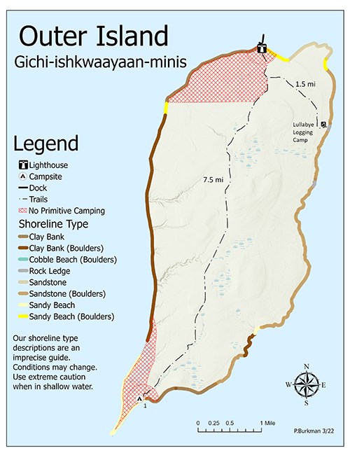 A map of Outer Island showing trails, shoreline, topography, and primitive camping zones.