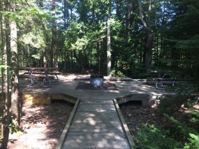 Forested camping area with wooden boardwalk.