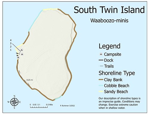 A map of South Twin Island showing trails, shoreline, topography, and primitive camping zones.