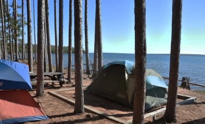 Two tents at campsite ten on Stockton Island, overlooking Lake Superior.