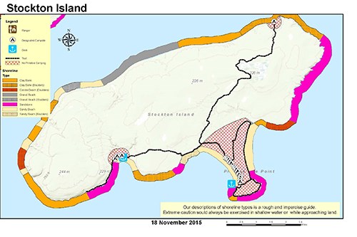 A map of Stockton Island showing trails, shoreline, topography, and primitive camping zones.