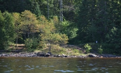 Taken from the water, can see pebble beach, campsite sign, and open grassy area of the campsite surrounded by small poplar trees.