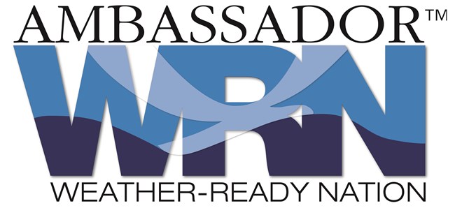 A graphic with the words "Ambassador, WRN, Weather-Ready Nation".
