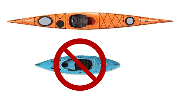 A sea kayak next to a sit-upon kayak that has a do not use symbol on it.