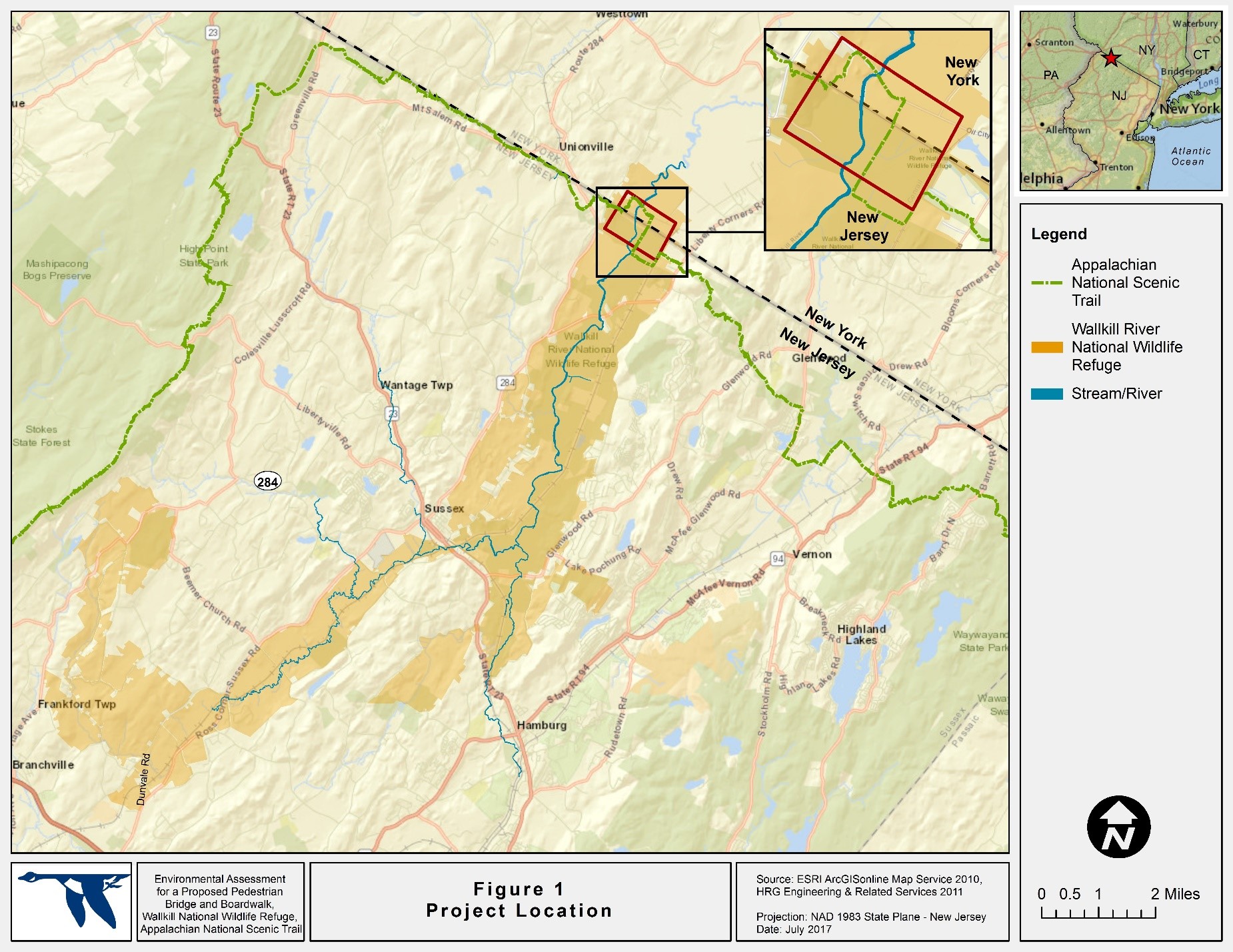 A map of the NY/NJ border line. Trail lines, water, and rail lines cross the image. It is focused on a northern area of NJ in which the trail is proposed to be rerouted.