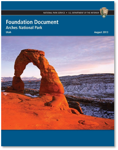 Park produced report titled Foundation Document Arches National Park" with a red sandstone arch.