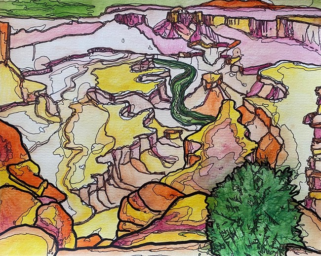 watercolor illustration of a canyon overlook