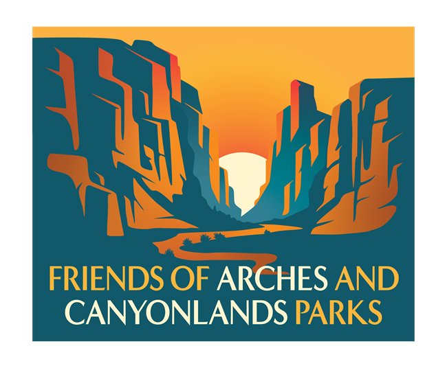 drawing of a yellow sunset between two orange red canyon walls with orange river at bottom crossing blue foreground, with text FRIENDS OF ARCHES AND CANYONLANDS PARKS