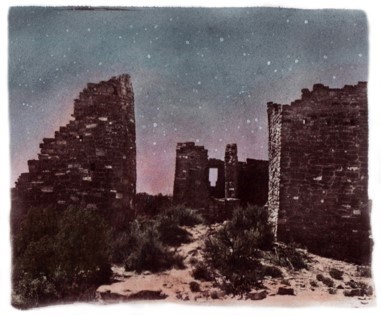 tinted watercolor over cyanotype photo of masonry stone structures under starry sky