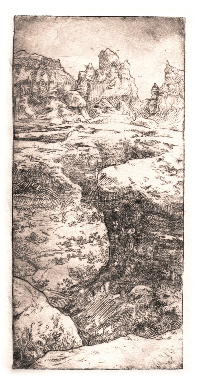 ink drawing of winding stone canyon and tower formations