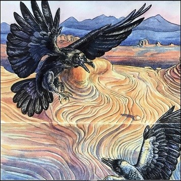 illustration of two ravens battling above slickrock