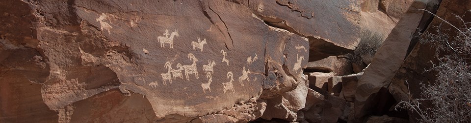 A red rock wall with etchings of multiple bighorn sheep and figures on horseback.