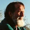 A dark haired man with a white beard looks off into the distance, his face illuminated by sunlight.