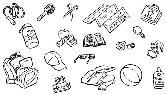 line drawings of an array of objects includinge: a jump rope, hair brush, scissors, map, first aid kit, water, snacks, book, yo-yo, light bulb, doll, backpack, video game controller, hooded sweatshirt, basketball, sunblock