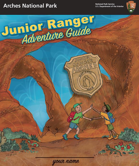 A book cover featuring a colorful drawing of two children playing near a sandstone double arch. The cover reads "Junior Ranger Adventure Guide." The top of the page reads "Arches National Park, National Park Service, U.S. Department of the Interior."