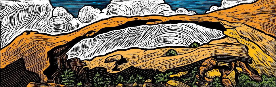 An illustration of a long, narrow natural arch in front of blue sky and fluffy clouds. Small green plants are growing from rocks in the foreground.