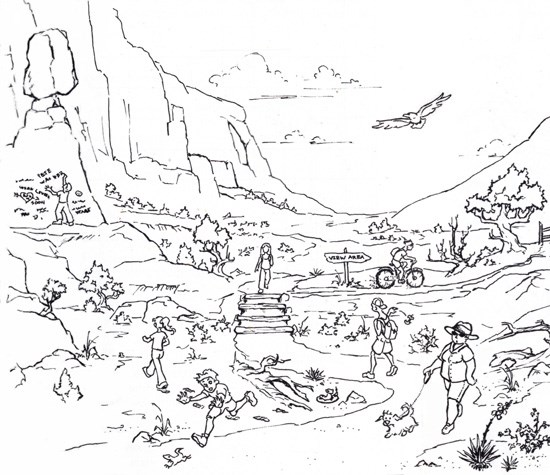 A line drawing of 7 people hiking in the desert. One is doing graffiti, one is walking off trail, one is chasing a lizard, one is walking a dog, one is littering, one is biking, and one is staying on the trail.