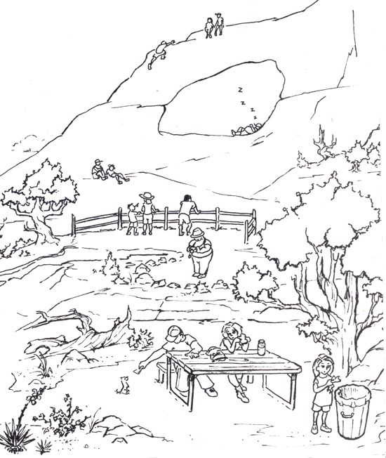 A line drawing of visitors in the park. Different visitors are doing these activities: climbing up an arch, sitting on top of an arch, sleeping in an arch, feeding a chipmunk, sitting on a rock, standing at a fence, taking photos, and throwing away trash.